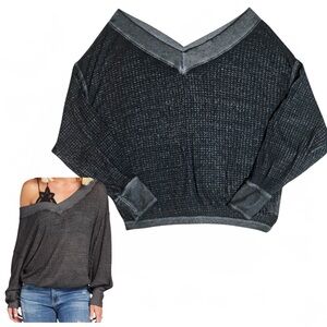 WE THE FREE Black Textured Long Sleeve Top, Double V Neck, Thermal, Semi-sheer